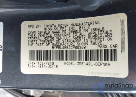 2012 Toyota Corolla Le из США, поврежденный, VIN 5YFBU4EE2CP063801